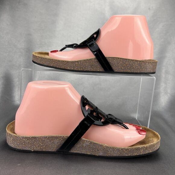 Tory Burch Miller Cloud Patent Sandals Women’s 8.5 Black Cork Thong School Shoes - Picture 8 of 14